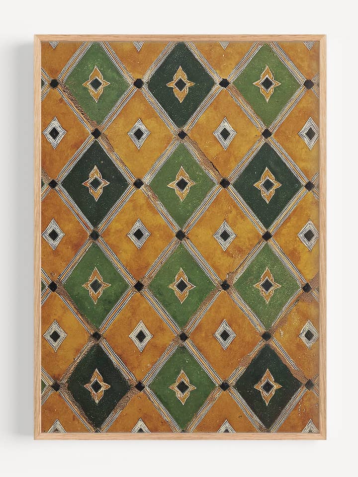 Impressão de Arte em Azulejo Mediterrâneo, Arte de Parede Geométrica Inspirada no Marroquino em Verde e Ocre I147-49 por atacado de Peardrop Prints