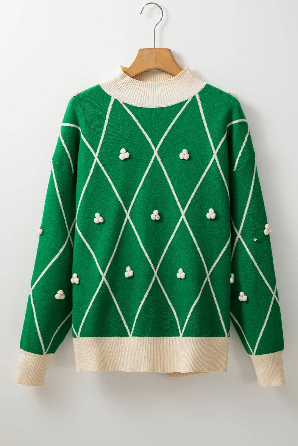Dark Green Christmas Geometric Diamond Pom Long Sleeve Sweater for wholesale on Faire5
