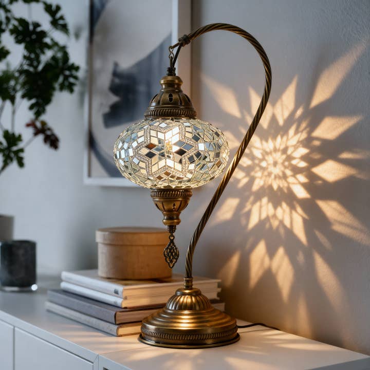 Mozaist Handmade Turkish Mosaic Swan Table Lamp White for wholesale by Mozaist LLC