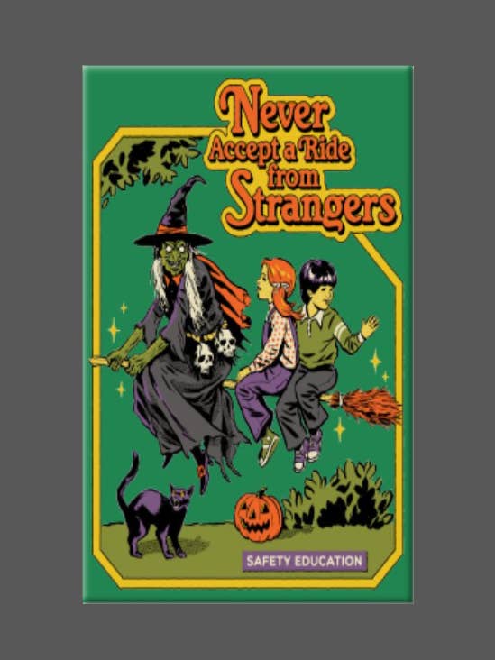 Rétro, Rides From Strangers, aimant, bouton, vintage pour la vente par Ba Ba Buttons