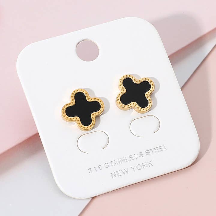 Stainless Steel Quatrefoil Stone Cluster Stud Earrings for wholesale by Sensibling Corp.