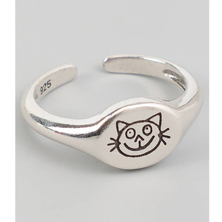 RHODIUM CUTE CAT STAMPED RING for wholesale on Faire0