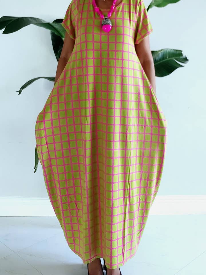 Bubble Dress / Checkerd Pattern/Pink/ Green 20001 for wholesale by India Batik
