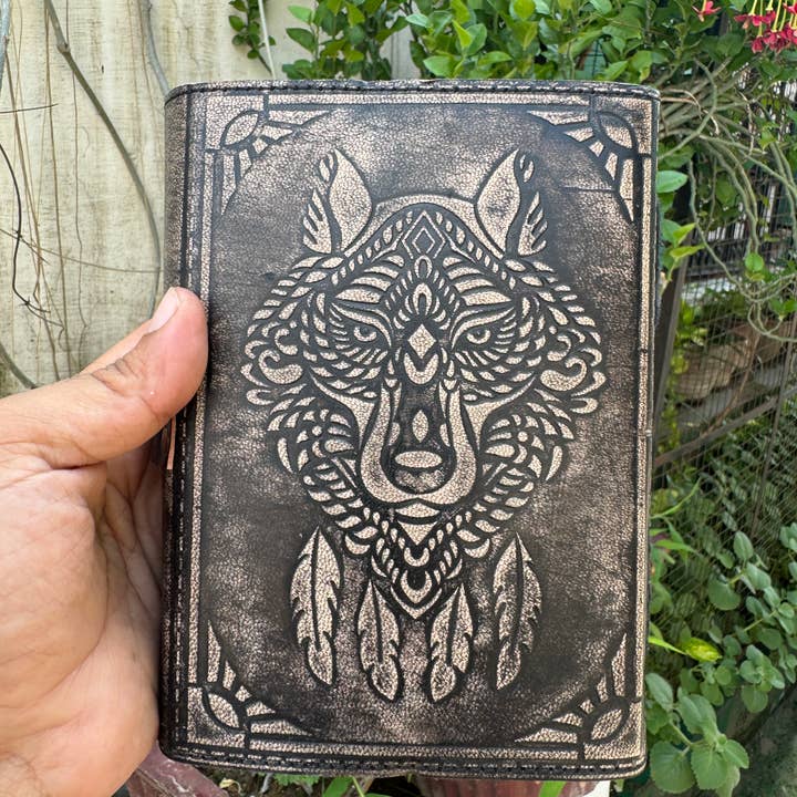 R K Handicrafts and Exporters - Wholesale Journal/Diary - Wolf Embossed Leather Journal diary with 200 Handmade pages