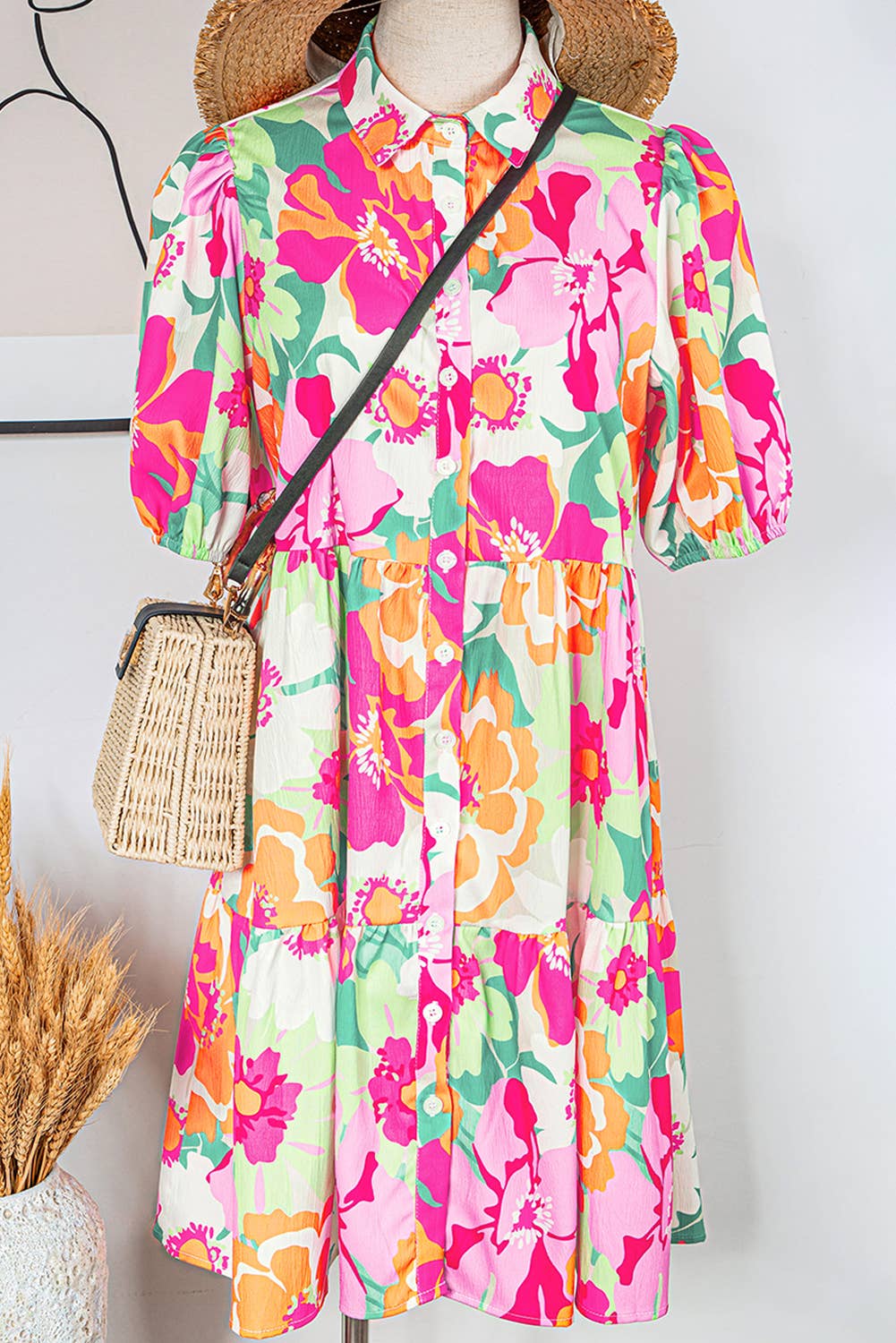 fashionworks - Vente Robe – femme - Robe Babydoll à Manches Courtes à Boutons avec Motif Floral Fashion-W4