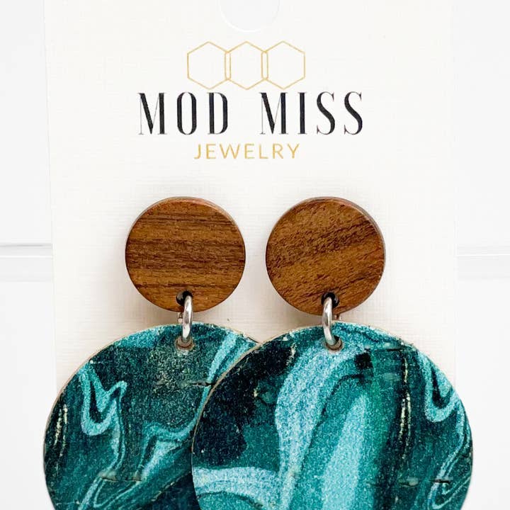 Orecchino rotondo in sughero+pelle «Emerald Aqua» per la vendita all'ingrosso da parte di The Mod Miss