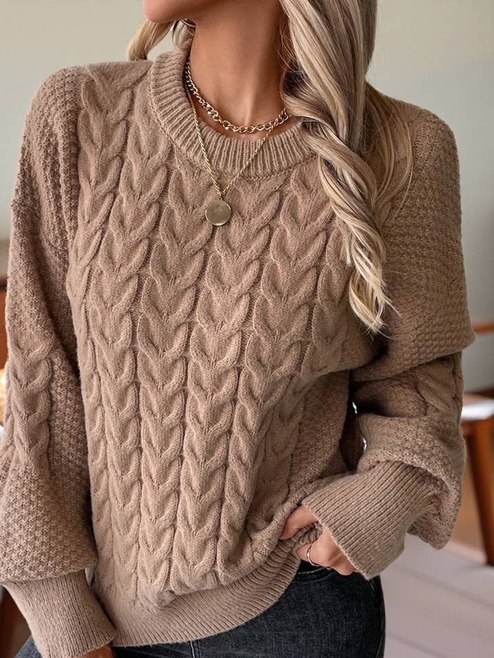 CWOSWL07456_PULL À COL ROND EN MAILLE CÂBLÉE UNIE LÂCHE pour la vente par NINEXIS