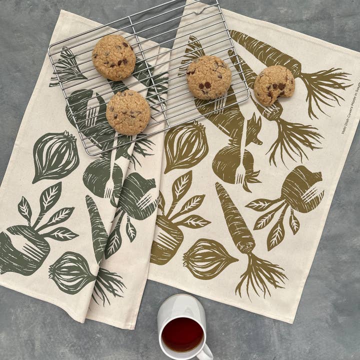 Tea Towel Cotton Farm To Table in Olive and Pearl Gold for wholesale by Halo Dish Covers