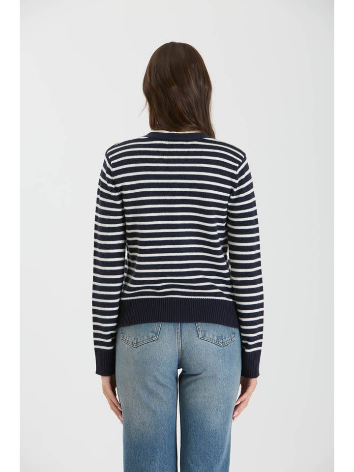 The Workshop Studio - Wholesale Cardigan - Women's - STRIPE V NECK GOLD BUTTON DOWN KNIT CARDIGAN