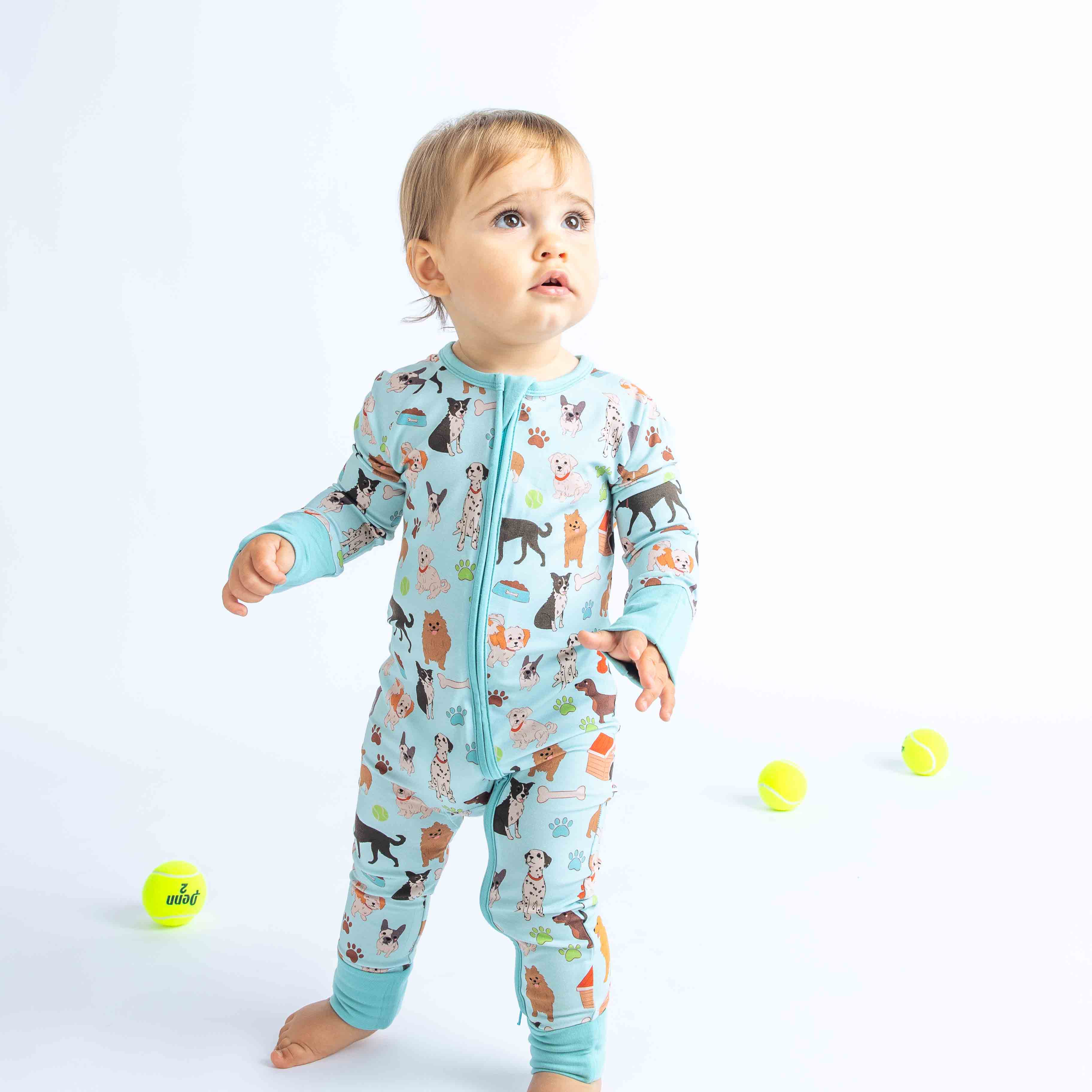 Blue Multi Dogs Bark Pets Bamboo Baby Pajamas Convertible Footie for wholesale on Faire1