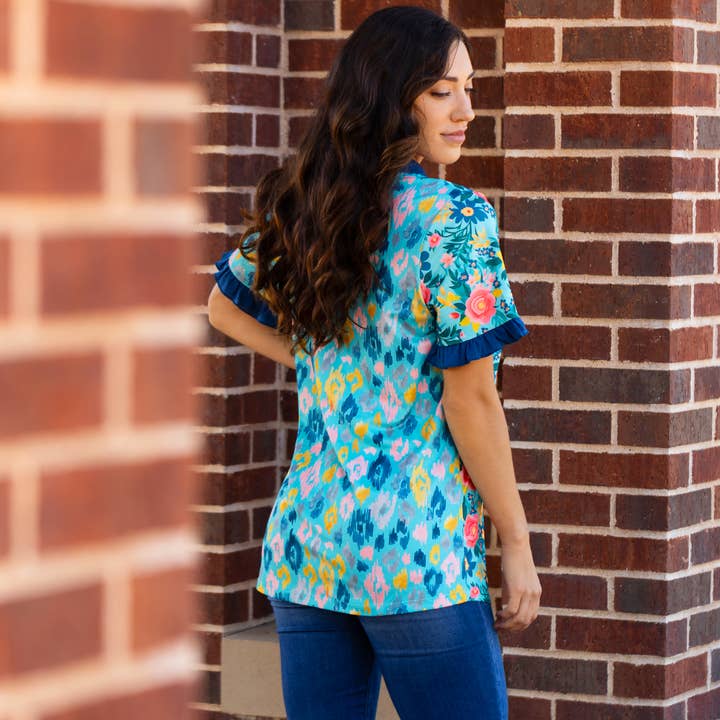 Blue Floral V-Neck Half Sleeve Top for wholesale on Faire1