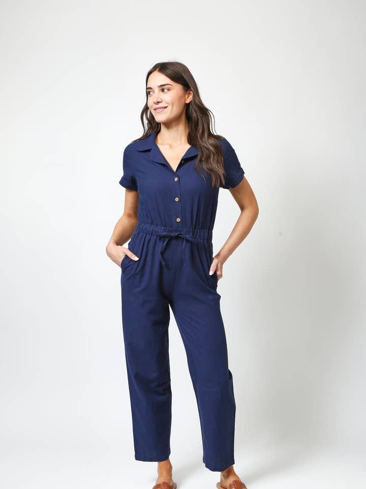 Tina Jumpsuit - Navy - Organic Cotton Linen Blend for wholesale by Mudd & Water