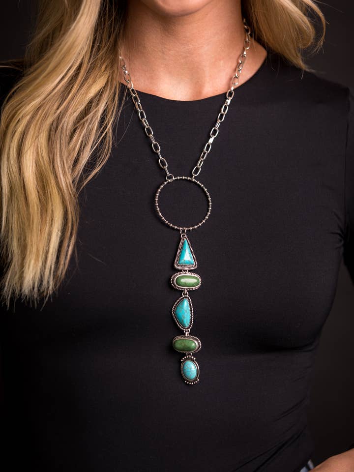 20" Silver Chain Necklace with Ring and Turquoise and Green for wholesale by West & Co.