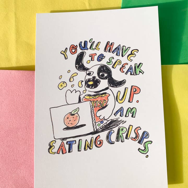 Impression artistique A5 "Manger des chips" pour la vente par Sophie Heywood