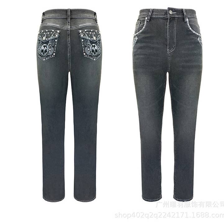 Dark Grey Retro Embroidered Skull High-waisted Jeans for wholesale on Faire