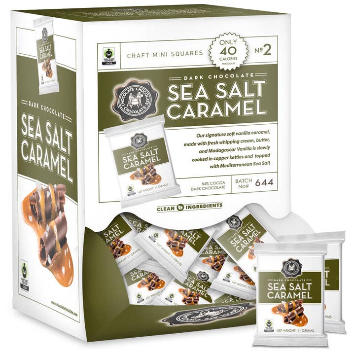 Dark Sea Salt Caramel Mini Square - (.38 OZ) 50 CT for wholesale by Chocolate Chocolate Chocolate Company