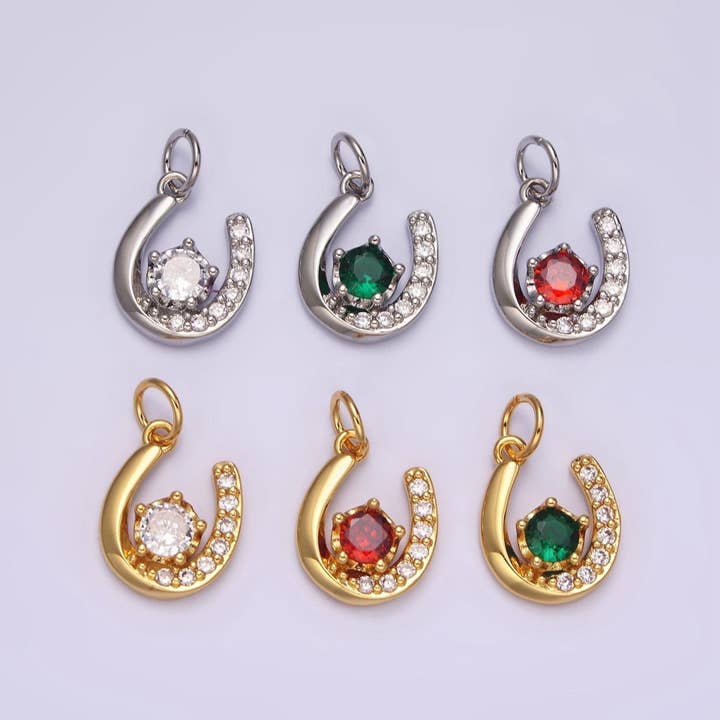14K Guld Fyldt Klar, Rød Grøn CZ Mikrobelagt Heldigt U Hestesko Charm i Guld & Sølv | AC835 - AC840 for engroshandel hos Aim Eternal