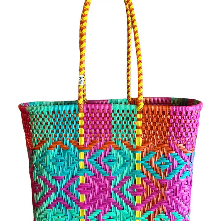 The Faria - Wholesale Beach Bag - Fuchsia & Turq. Handwoven recycled plastic beach Bags