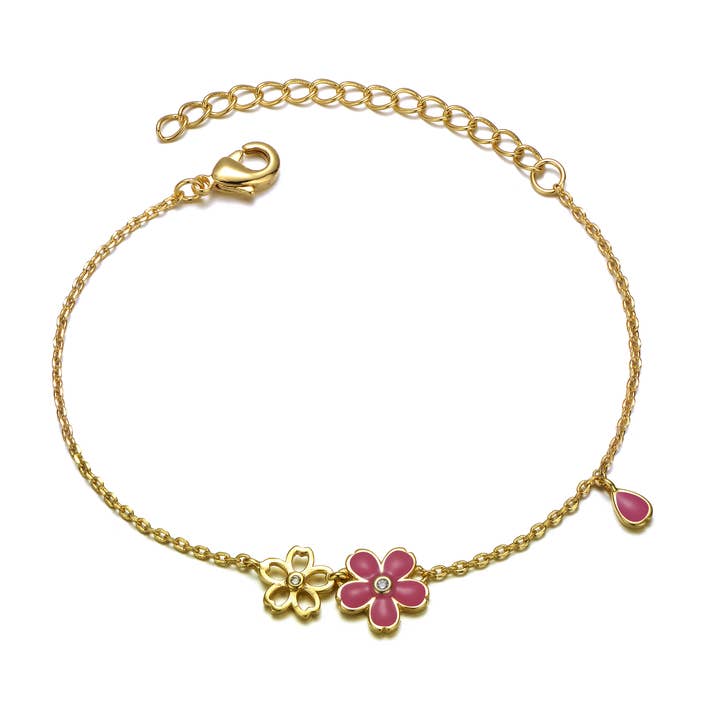Bracelet GP jaune pour enfants avec bracelet en émail rose et breloque en forme de fleur pour la vente par Rachel Glauber