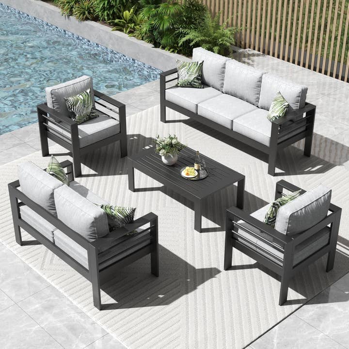 Black 5 Pieces Modern Aluminum Patio Furniture Set, Outdoor Conversation Sets Metal Sectional Sofa with Coffee Table for wholesale on Faire