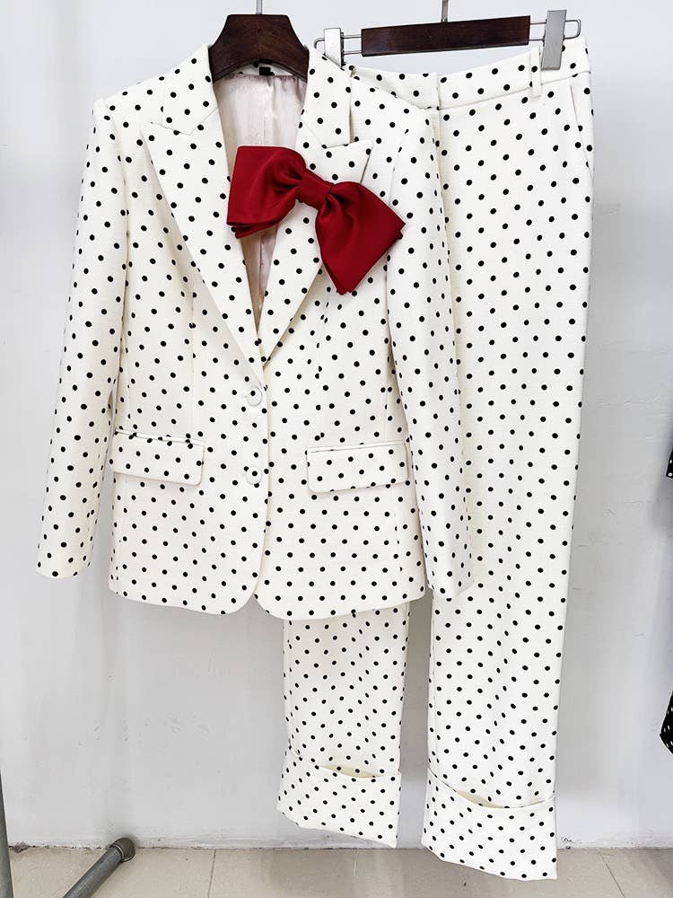 Productseeker - Wholesale Suit Set - Women's - SET71Y Elegant Polka Dot Suit Set with Bow-Decorated Jacket1