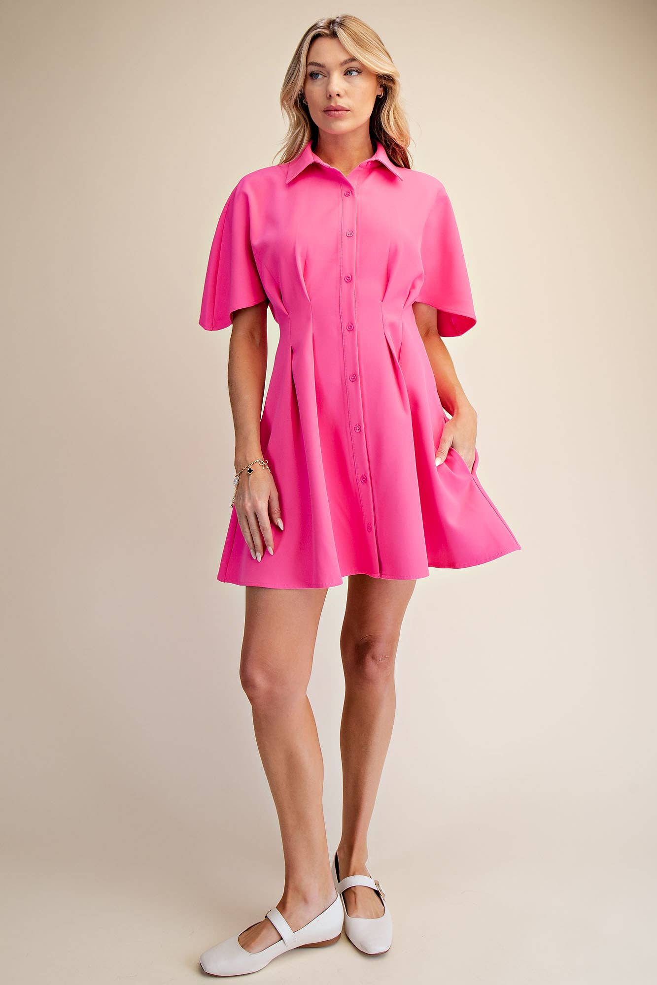 Glam - Wholesale Dress - Women's - Short-Sleeve Pleated Shirt Mini Dress2