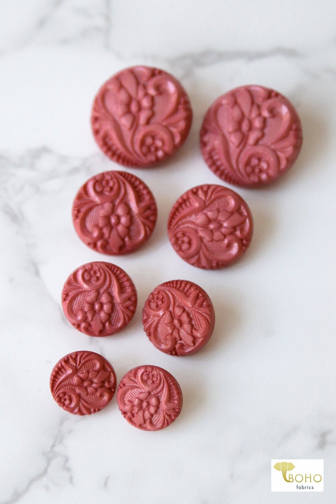 Boho Fabrics - Wholesale Sewing button/snap - Dusty Rose, Art Nouveau Florals, Shank Buttons. Available in 15mm, 18mm, 20mm, 25.5mm
