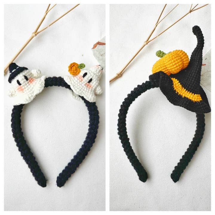 Bandeau d'Halloween au crochet fait main, motifs de fantômes et de sorcières pour la vente par Quince Fables