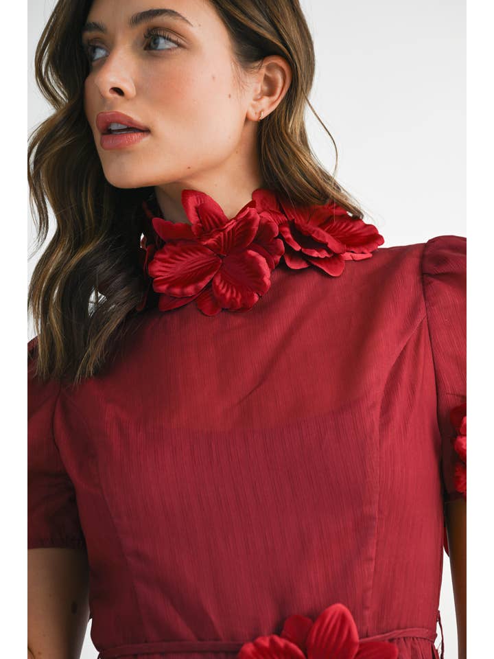 EB LUXE - Wholesale Dress - Women's - RD0026 3D Floral High Neck Short sleeve Midi Dress10