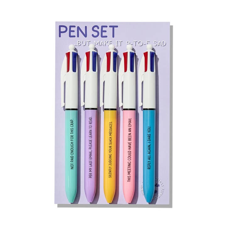 9-to-5 Sad Pen Set – Funny Multi Pens with Snarky Workplace Phrases for wholesale by La Folie Press