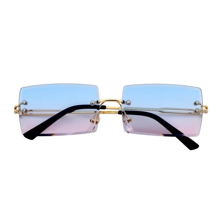 PREMIERE - Lunettes de soleil rectangulaires sans monture en métal de luxe des années 90 or rose-bleu pour la vente par Morspecs