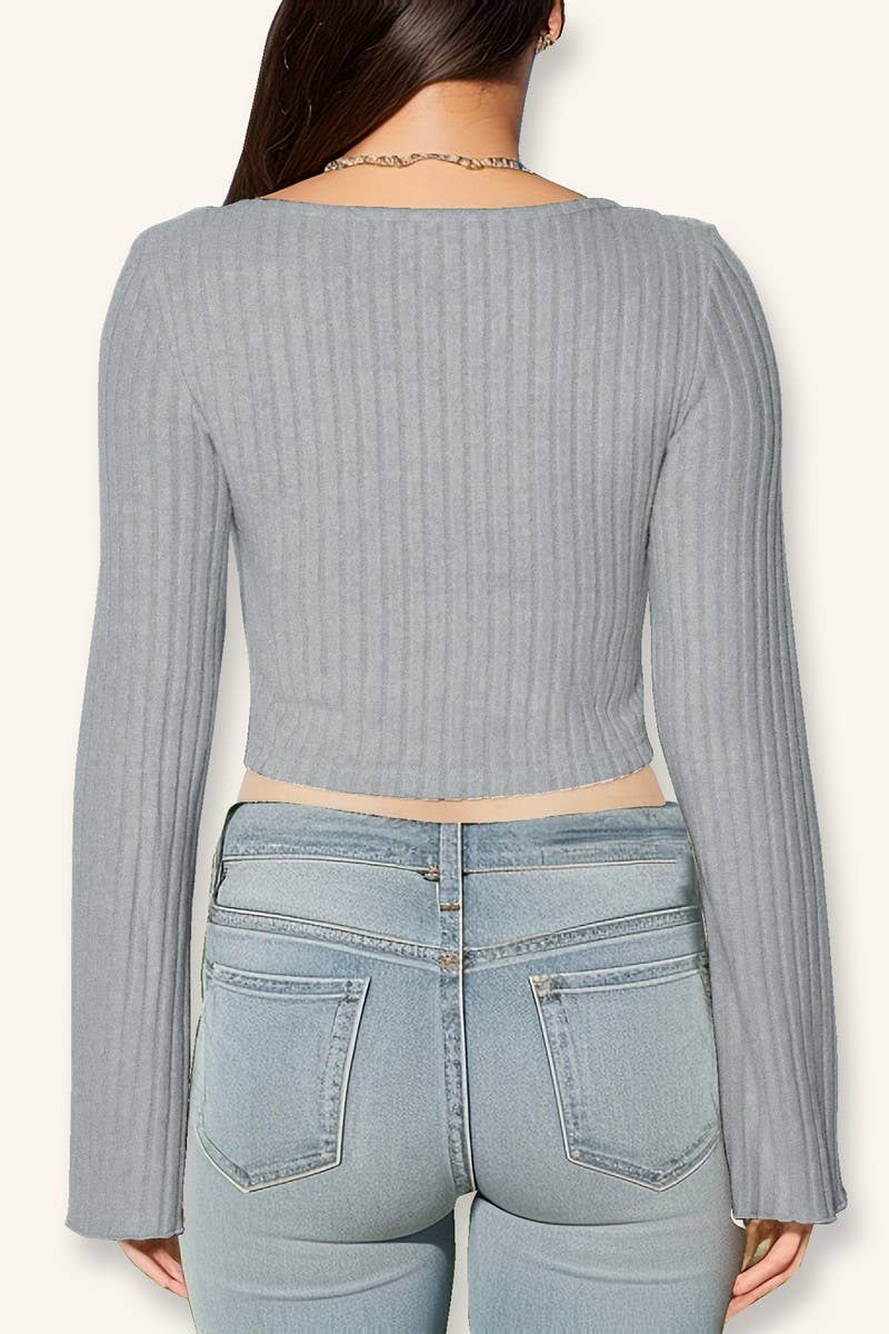 NINEXIS - Wholesale Blouse - Women's - CWTBLL3790_V NECK DRAWSTRING FLARE SLEEVE CROP TOP6