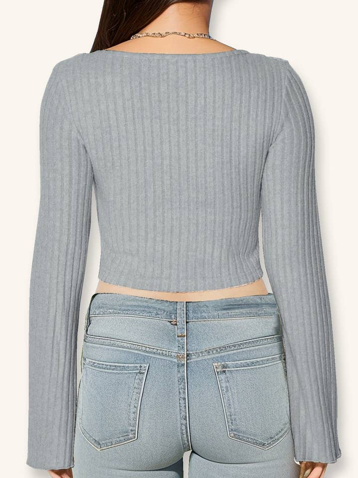 NINEXIS - Wholesale Blouse - Women's - CWTBLL3790_V NECK DRAWSTRING FLARE SLEEVE CROP TOP6