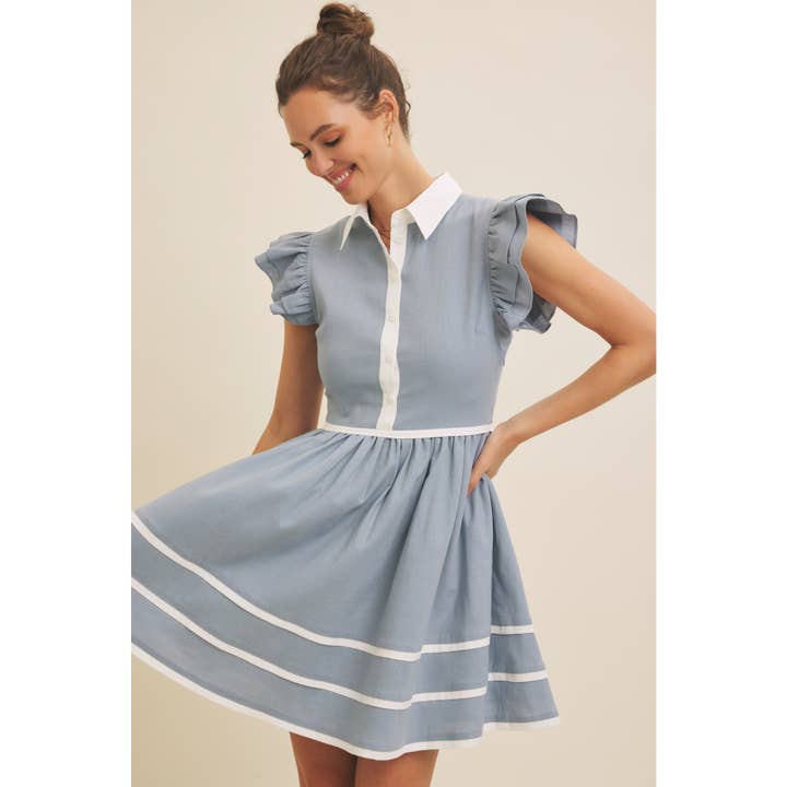 in february - Wholesale Dress - Women's - LINEN BUTTON-DOWN MINI DRESS WITH CONTRAST BINDING8