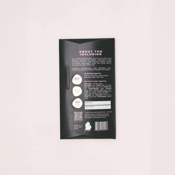 Crow & Moss Chocolate – wholesale Chokladkaka – Earl Grey-te mörk chokladkaka 67% - Förpackning med 81