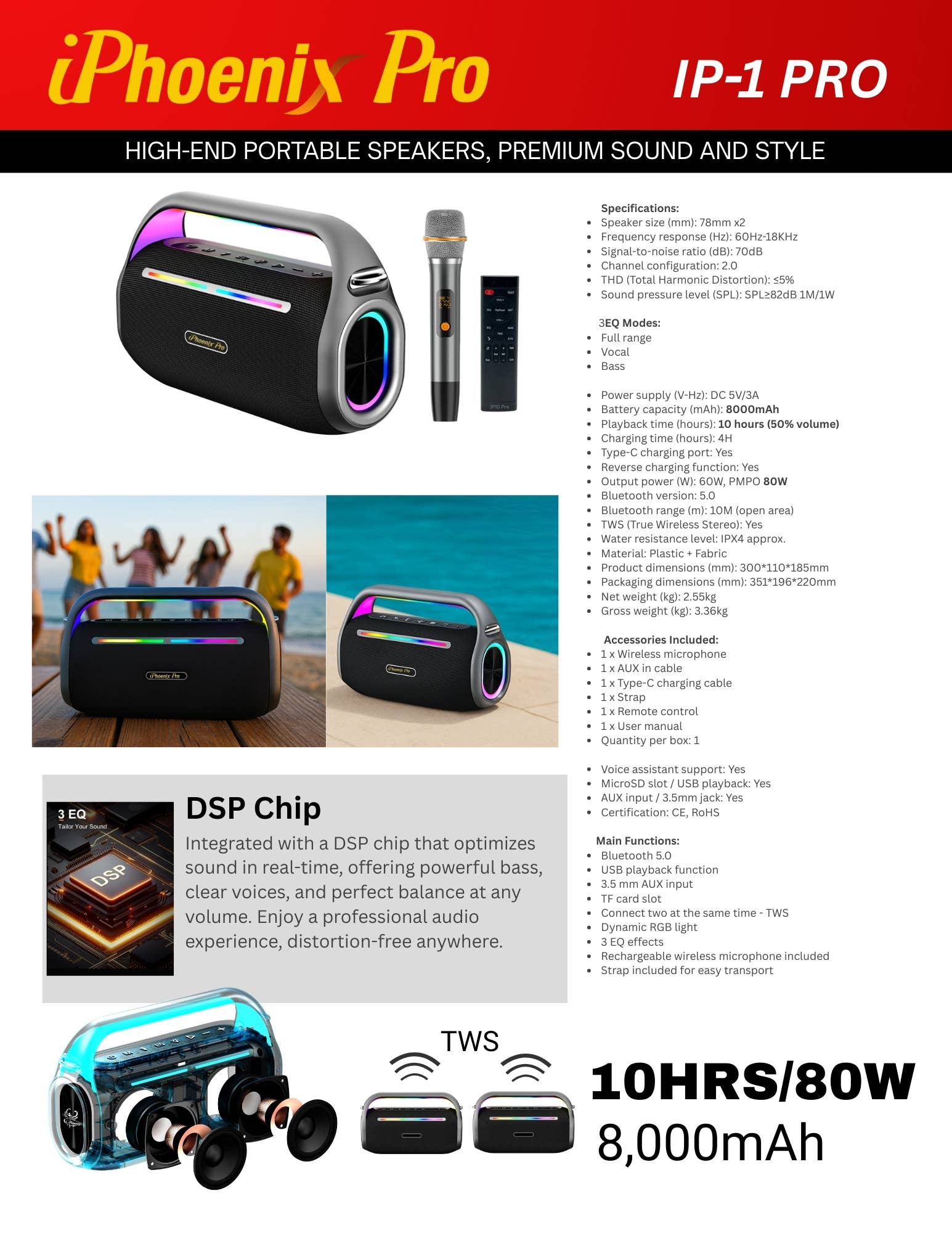 iPhoenix Technology Corporation - Wholesale Speakers - IP-1-PRO 10 Hrs 80W Output Wireless UHF Microphone Speaker4