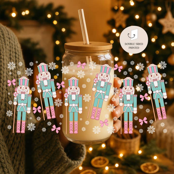 the cute cloud - Wholesale Drinking Glass/Cup - Pastel Nutcrackers Double Sided Glass Tumbler + Lid & Straw1
