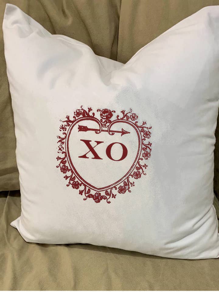 Xo Hugs And Kisses Heart Pillow With Feather Insert for wholesale by Monique Perry Art