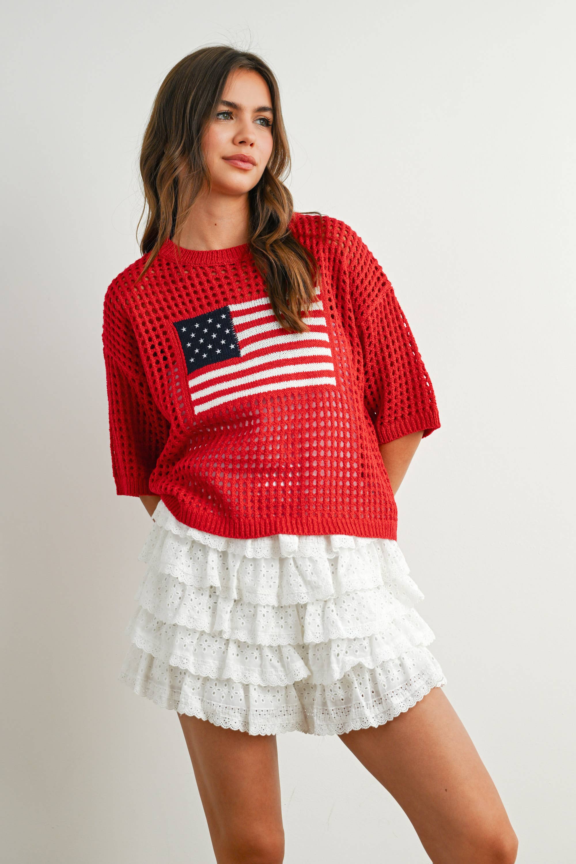 BUTTERMELON - Wholesale Knit Top - Women's - Flag Print Open Knit Crochet Sweater Top - BMW773527