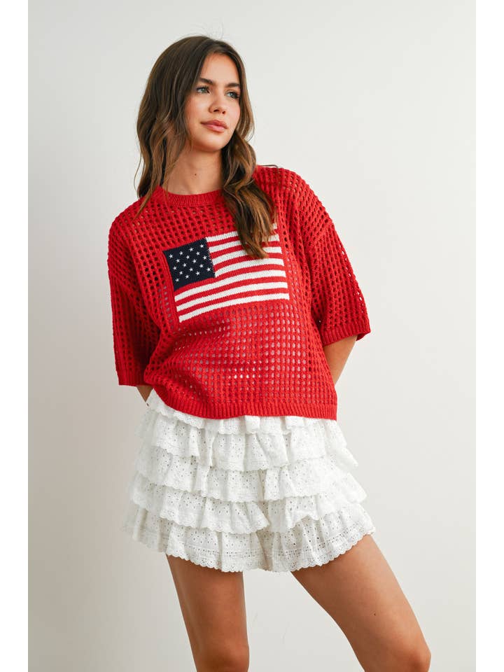 BUTTERMELON - Wholesale Knit Top - Women's - Flag Print Open Knit Crochet Sweater Top - BMW773527