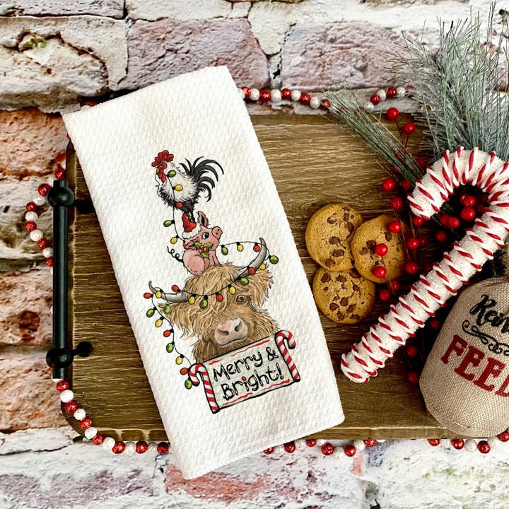 Merry and Bright Farm Animal Towel, Kitchen Holiday Decor for wholesale by Canary Road