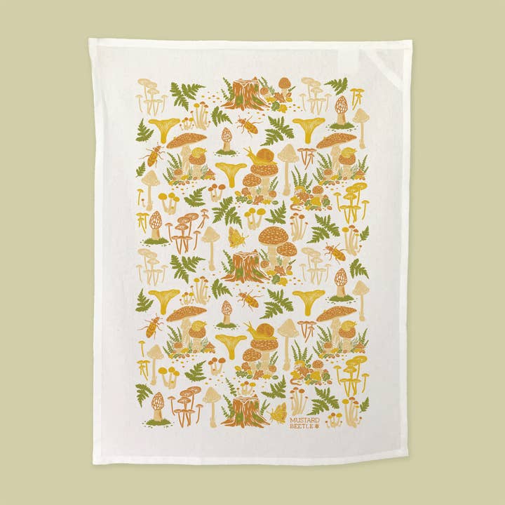 Screenprinted Organic Cotton Tea Towel: Mushrooms for wholesale by Mustard Beetle