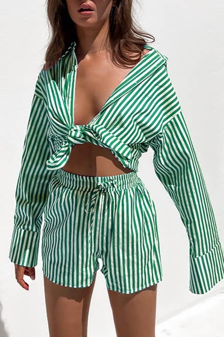Rosa Clothing - Wholesale Top & Short Set (NOT Loungewear) - Women's - classic striped long sleeve shirt & short set holiday dressy32