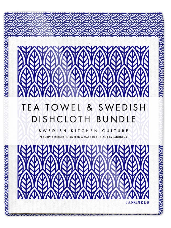 Ensemble de torchons et torchons suédois, feuilles, bleu pour la vente par Esthetic Living