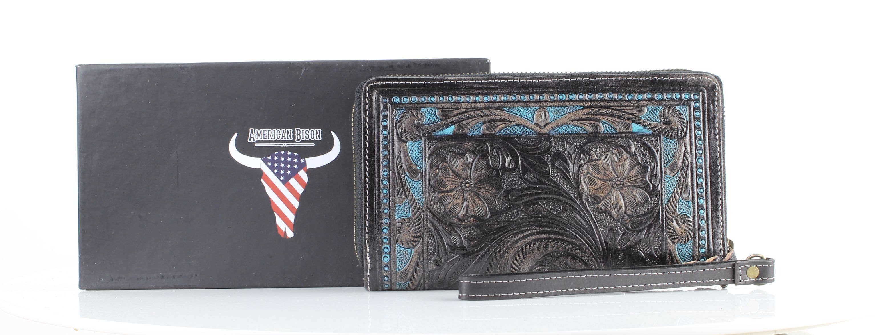 Leather Impressions Inc - Wholesale Wristlet - American Bison Tooled Leather Zip Around Wristlet9