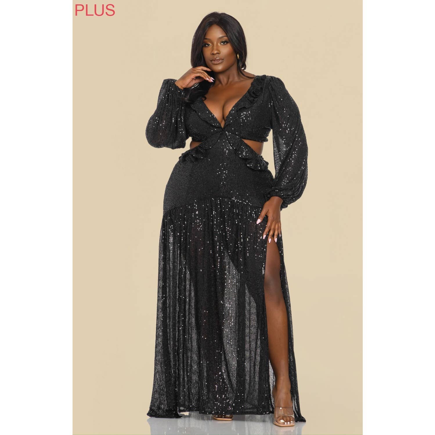 The Sang - Wholesale Dress - Women's - SD381122-P SEQUINS LONG SLEEVE MAXI DRESS PLUS SIZE2