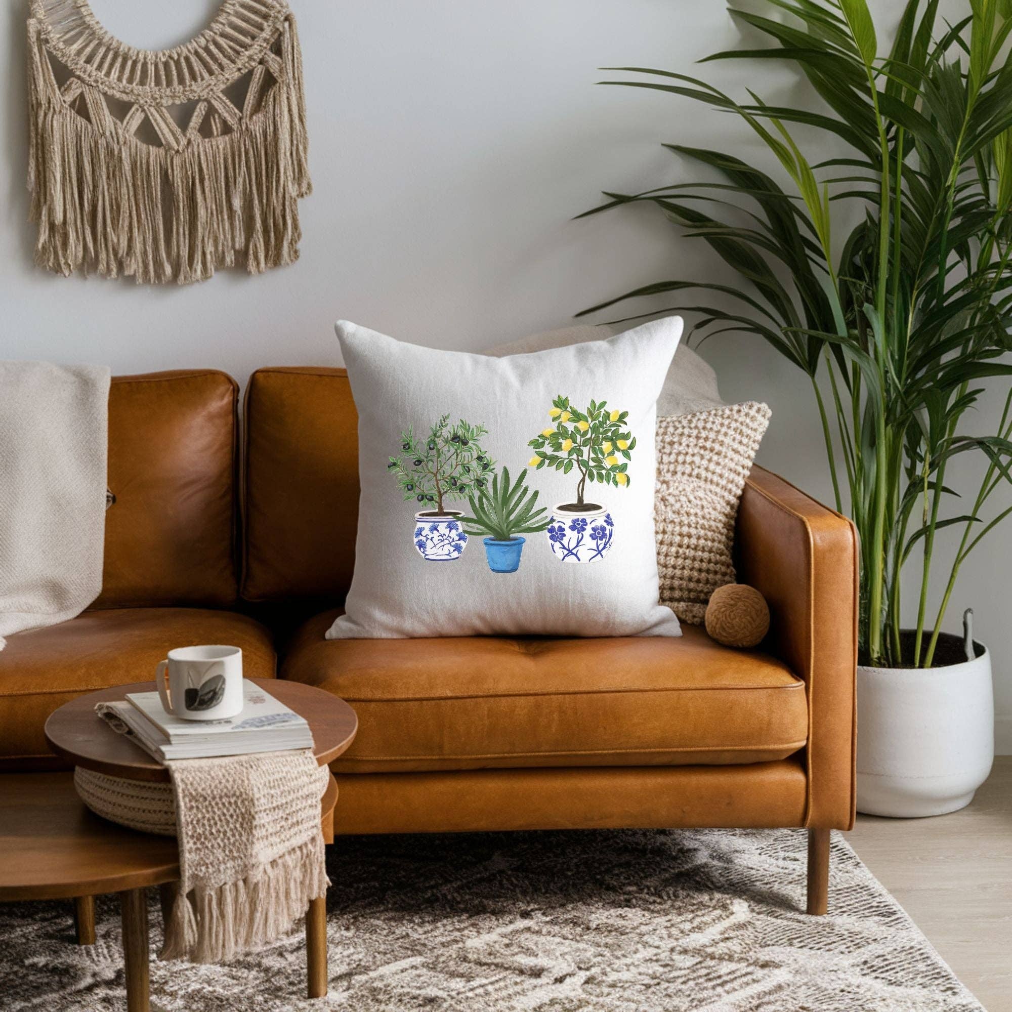 MerikaArt - Wholesale Throw/Decorative Pillow - Lemon Olive Aloe Pillow with Blue Pot Planters4