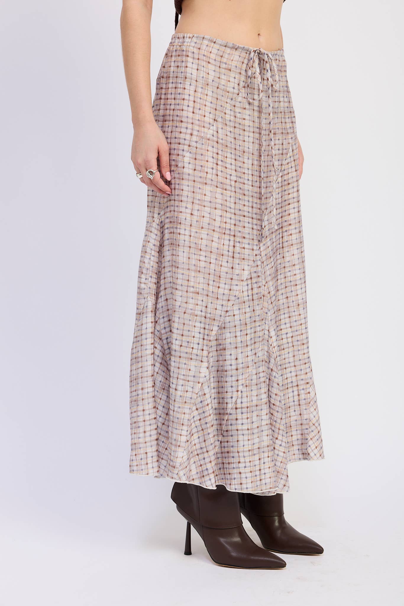 GREY PURPLE MULTI DRAWSTRING MAXI SKIRT WITH ASYMMETRICAL SEAMS for wholesale on Faire6