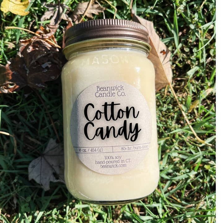 Candela di soia COTTON CANDY in barattolo di vetro, regalo unico per la vendita all'ingrosso da parte di Beanwick Candle Co.