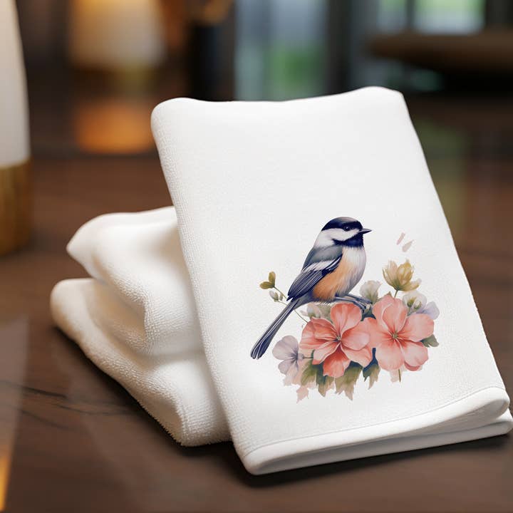 Chickadee Fingertip Towel: Luxury Velour & Cotton Terrycloth for wholesale by Fernville Creations